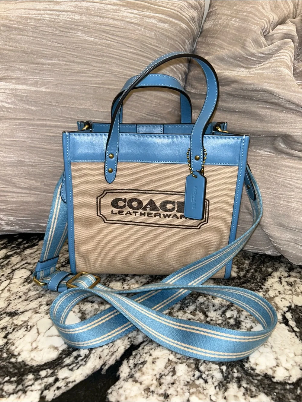 Coach Beige Canvas Tote with Sky Blue Leather Trim